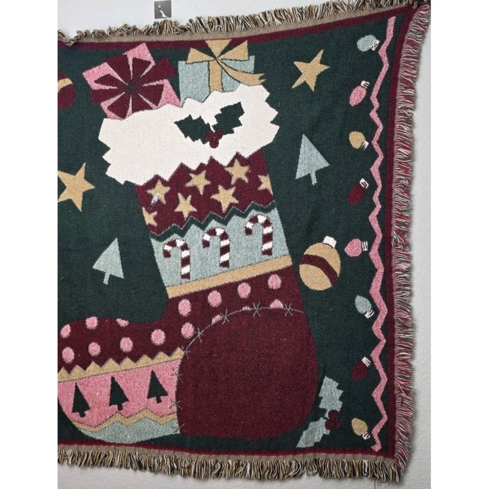 Vintage Christmas Throw Blanket Knit Stocking Gifts Holiday 45x43 Cotton